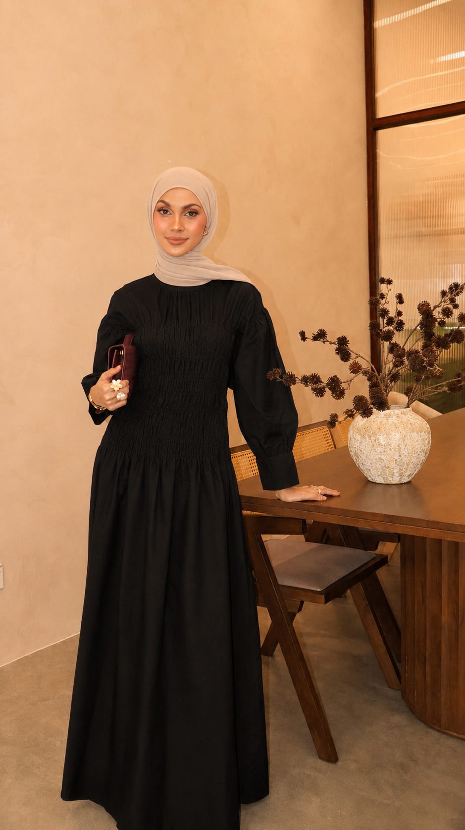 Lea Linen Shirred Dress in Noir Black