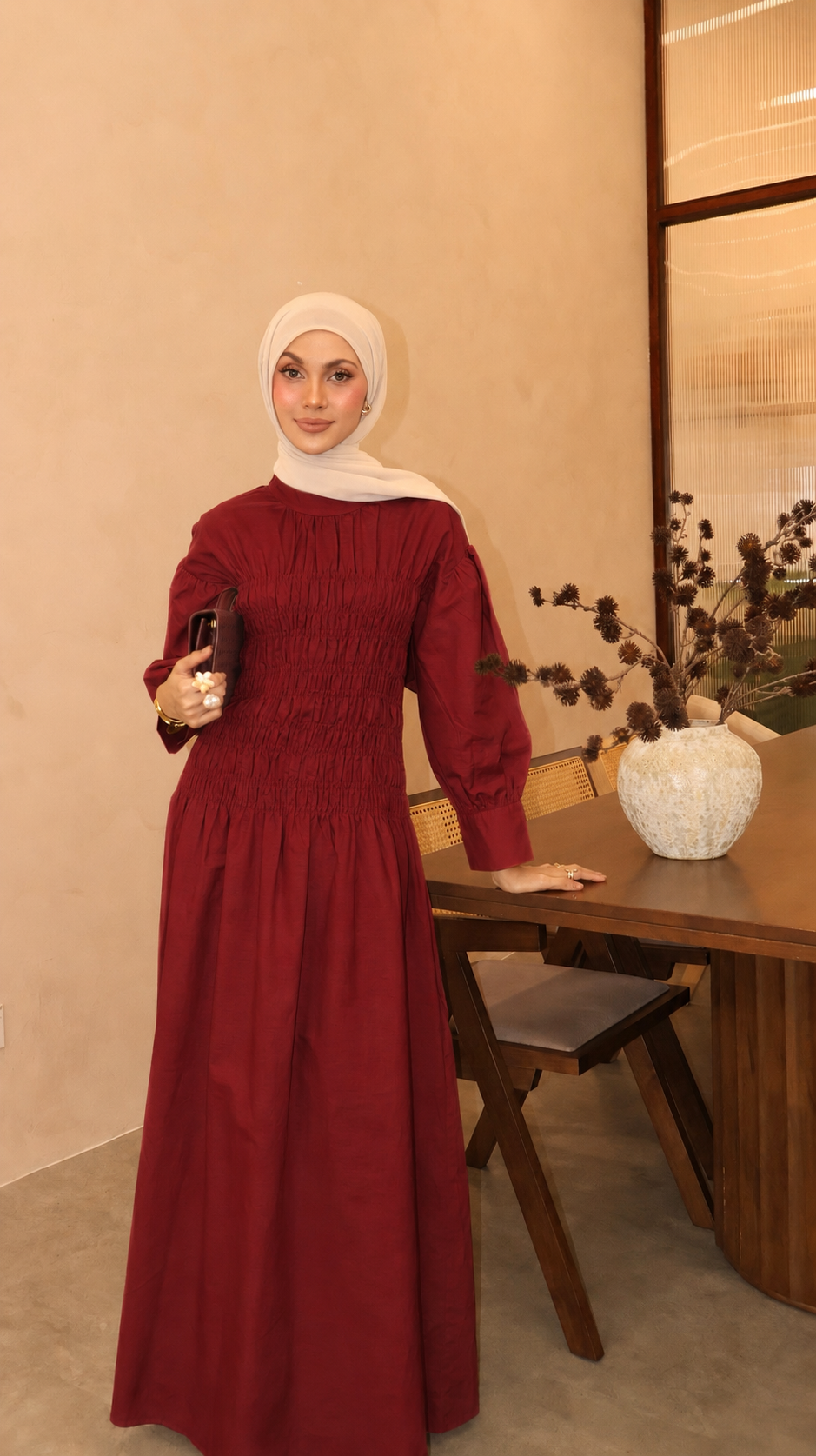 Lea Linen Shirred Dress in Ruby Red