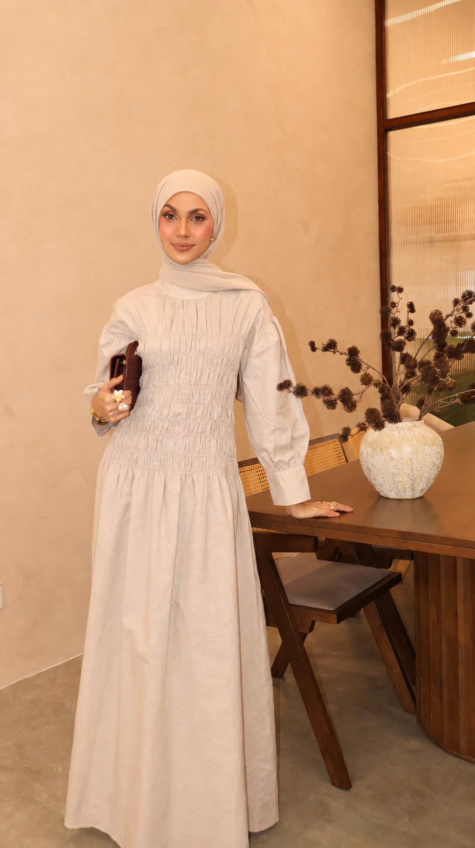 Lea Linen Shirred Dress in Oat Khaki