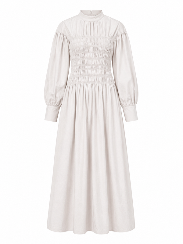Lea Linen Shirred Dress in Oat Khaki