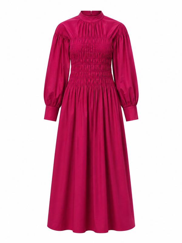 Lea Linen Shirred Dress in Ruby Red