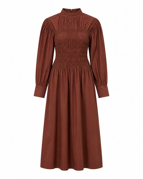 Lea Linen Shirred Dress in Rich Brown