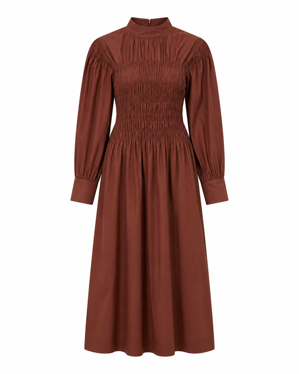 Lea Linen Shirred Dress in Rich Brown