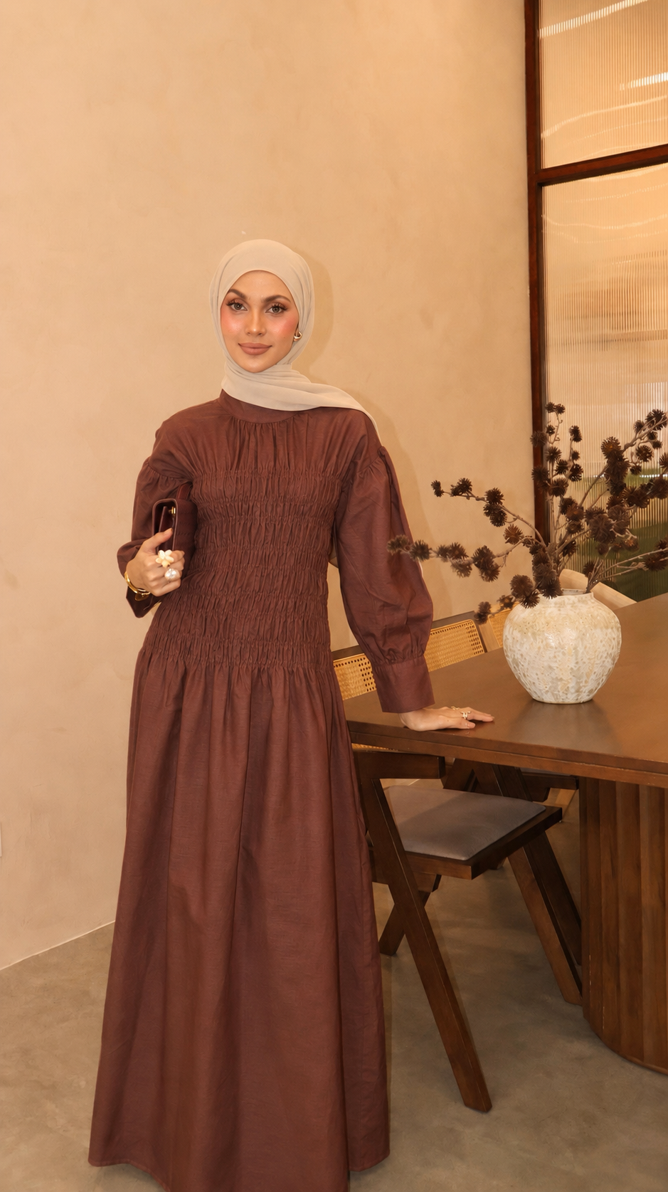 Lea Linen Shirred Dress in Rich Brown