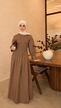 Lea Linen Shirred Dress in Dark Khaki