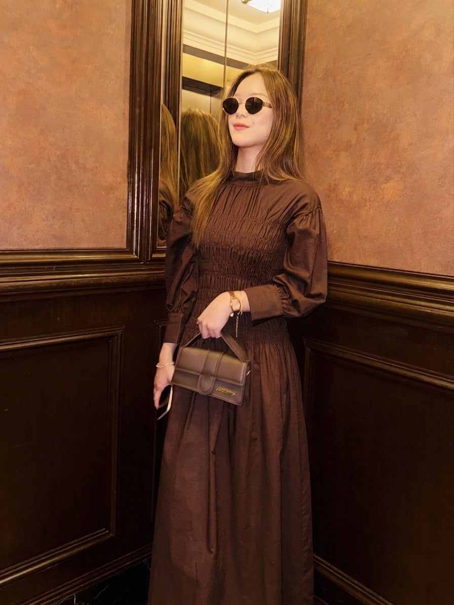 Lea Linen Shirred Dress in Olive Coco