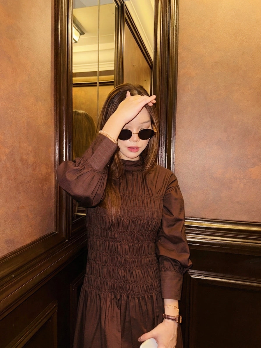 Lea Linen Shirred Dress in Olive Coco