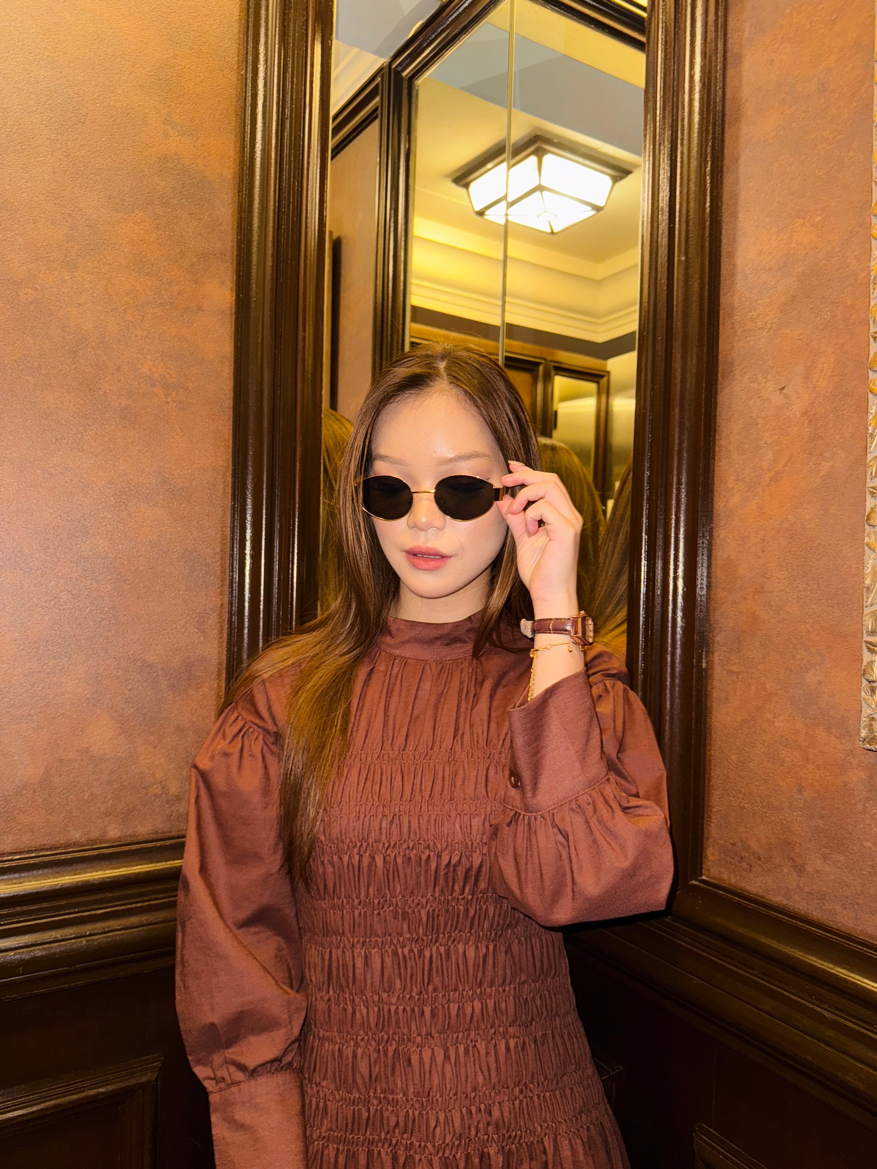 Lea Linen Shirred Dress in Rich Brown