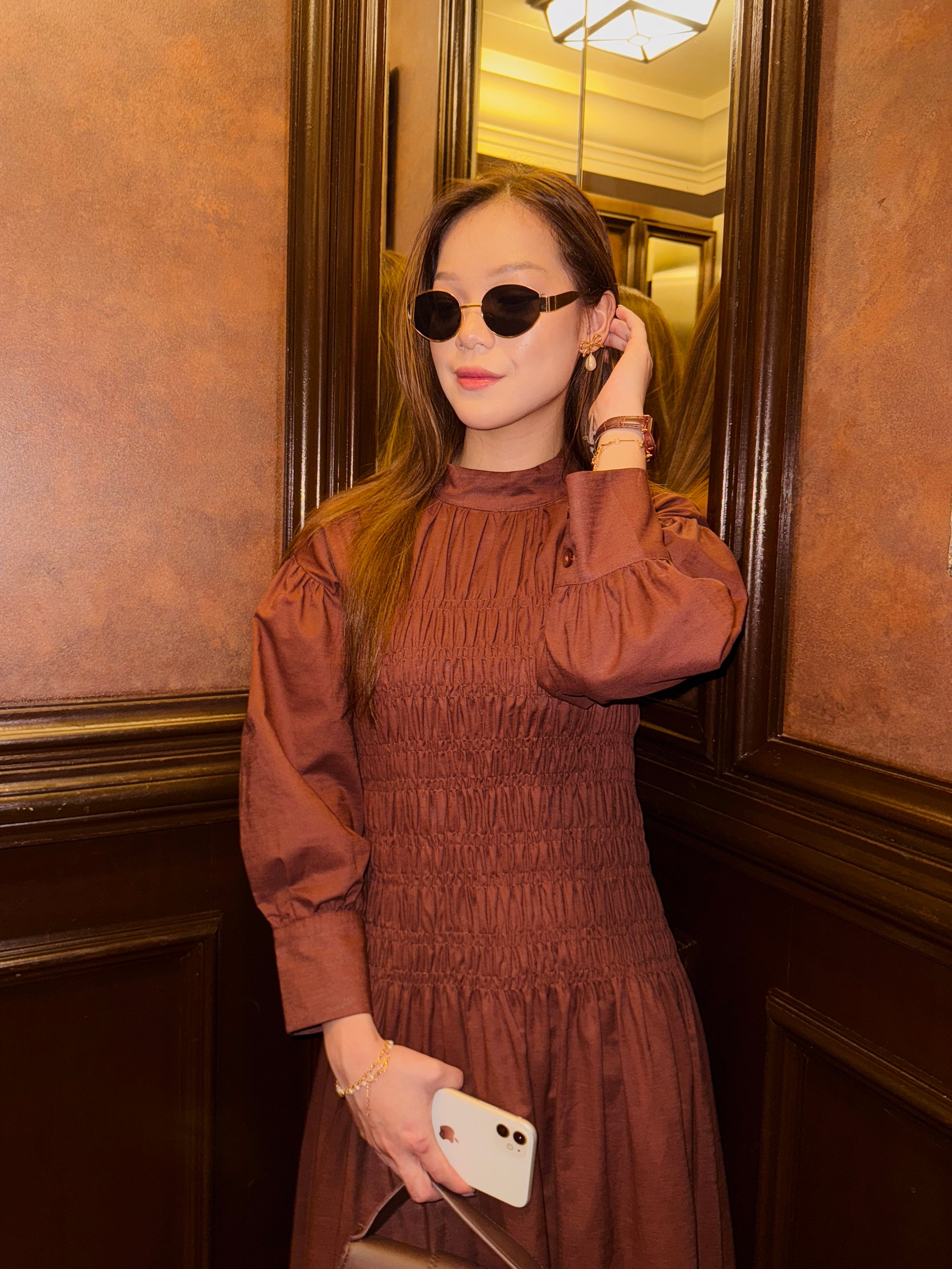 Lea Linen Shirred Dress in Rich Brown