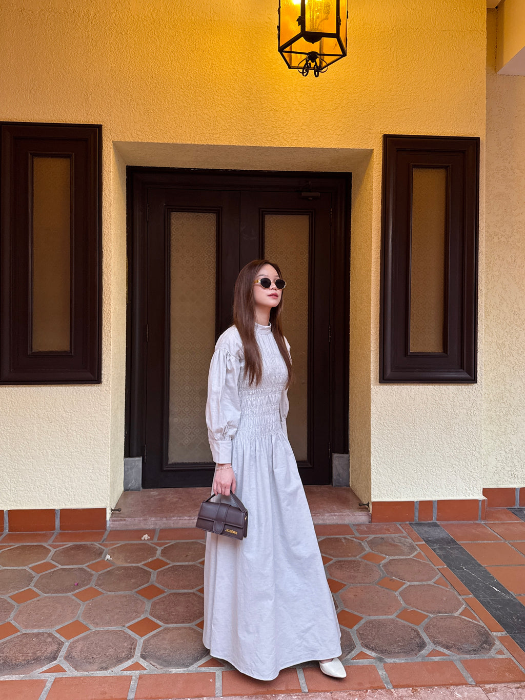 Lea Linen Shirred Dress in Oat Khaki
