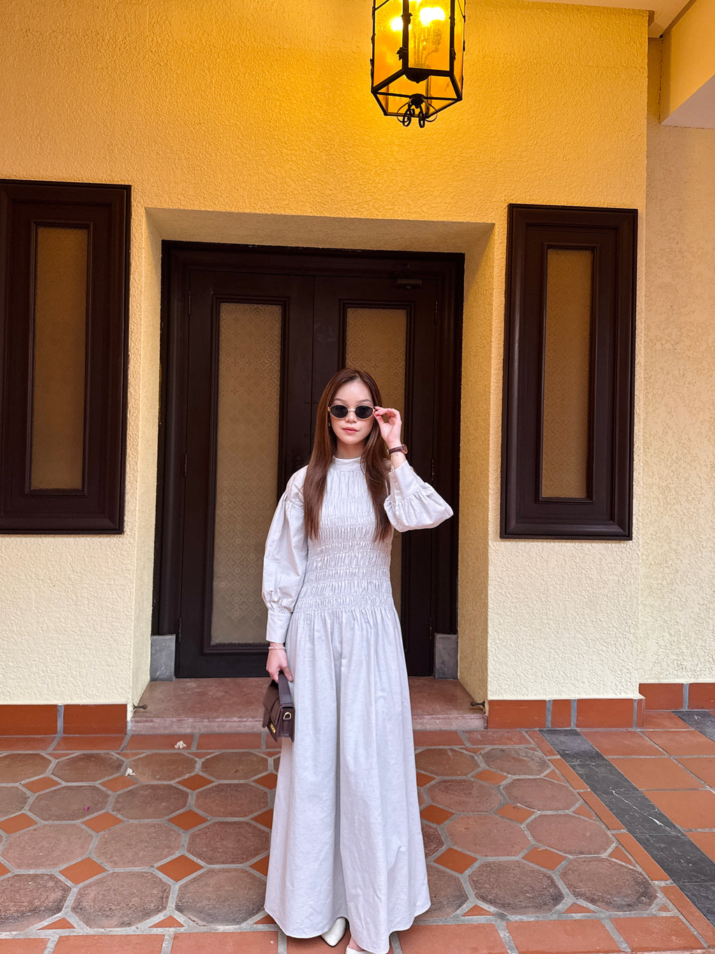 Lea Linen Shirred Dress in Oat Khaki