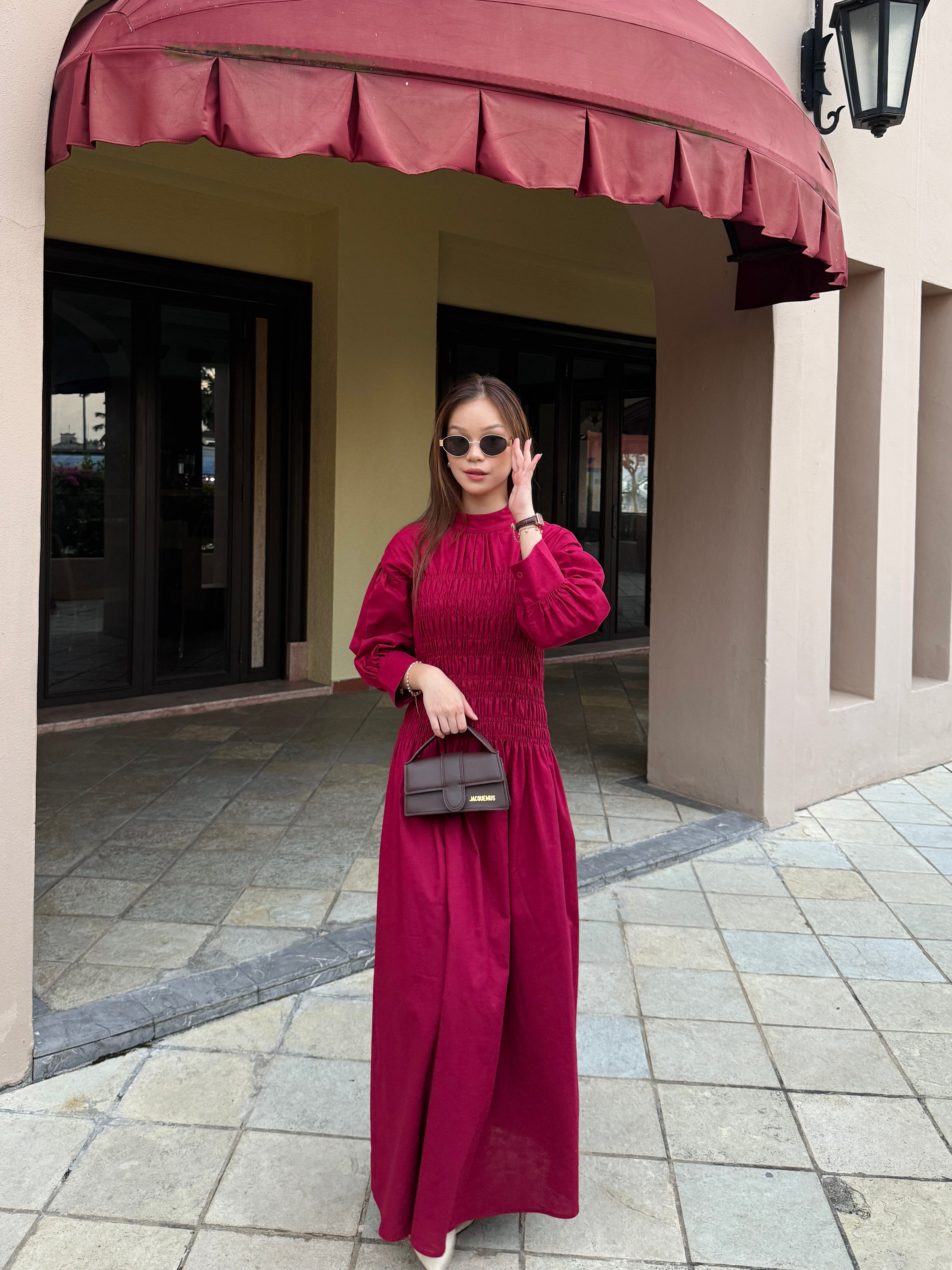 Lea Linen Shirred Dress in Ruby Red